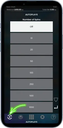 Razor Shark Autoplay Menü mit automatischen Spins